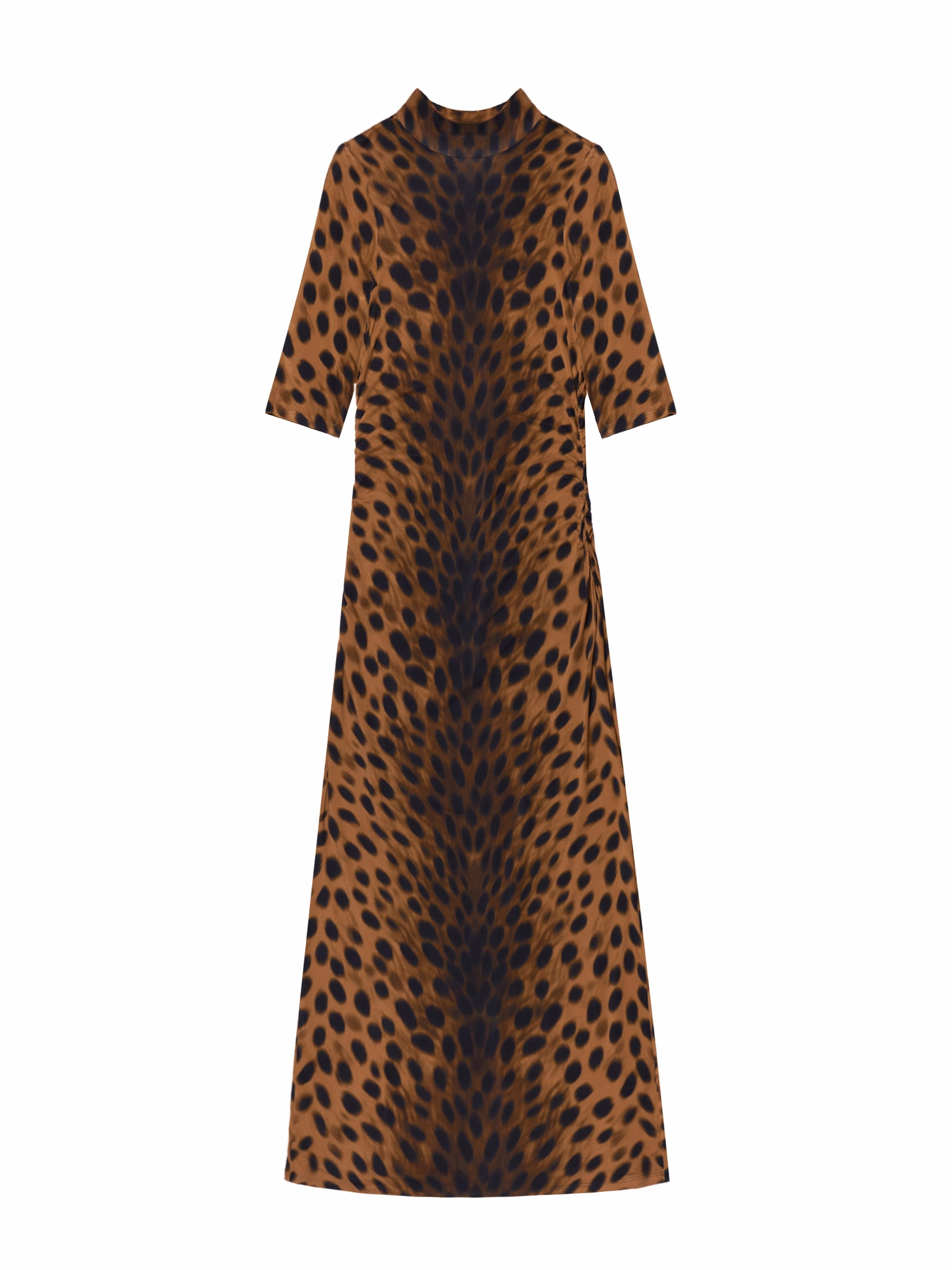 Brown Leopard Print Mock Neck Jersey Dress Airy Touch Pure Look