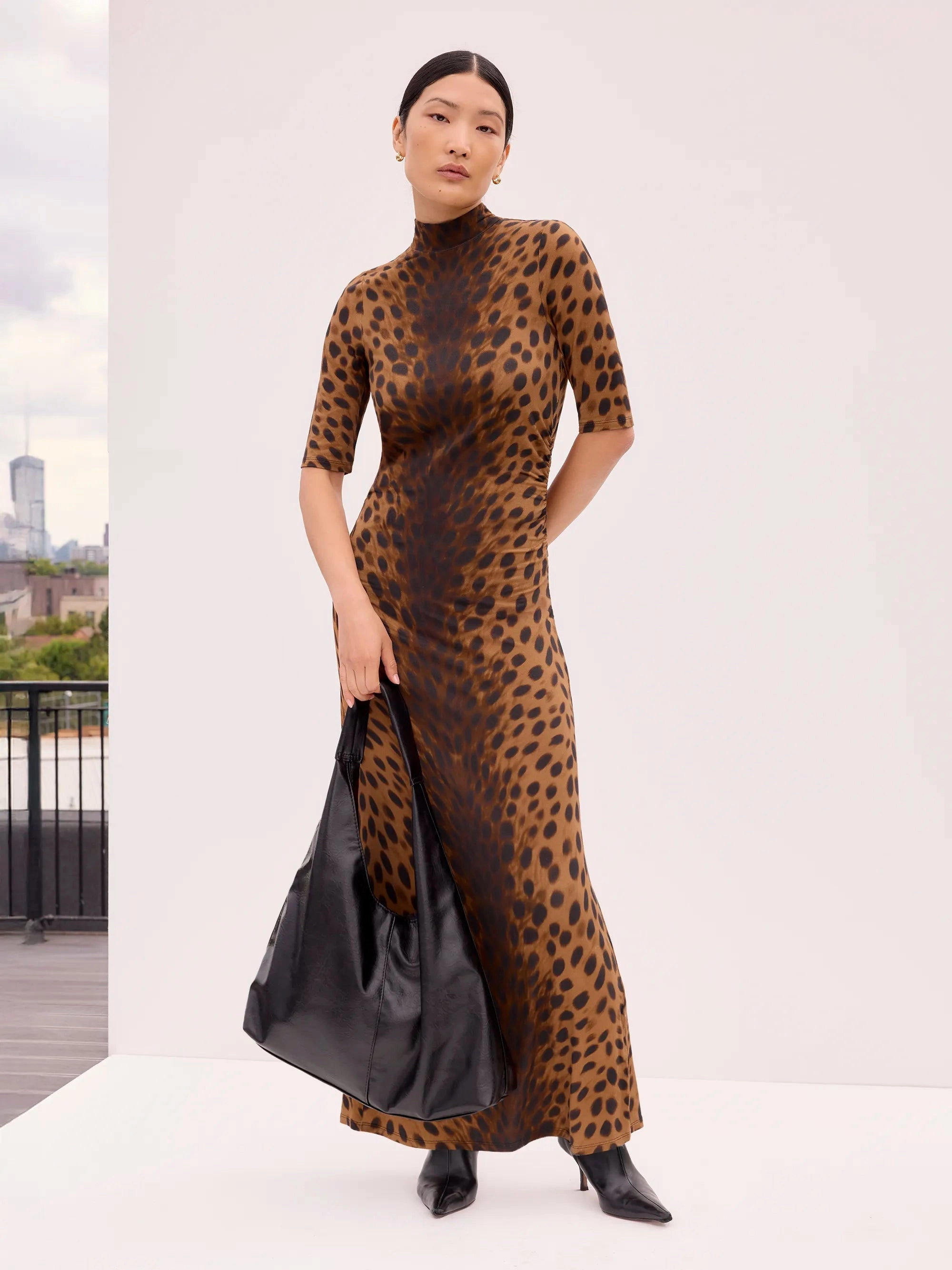 Brown Leopard Print Mock Neck Jersey Dress Flattering and Effortless