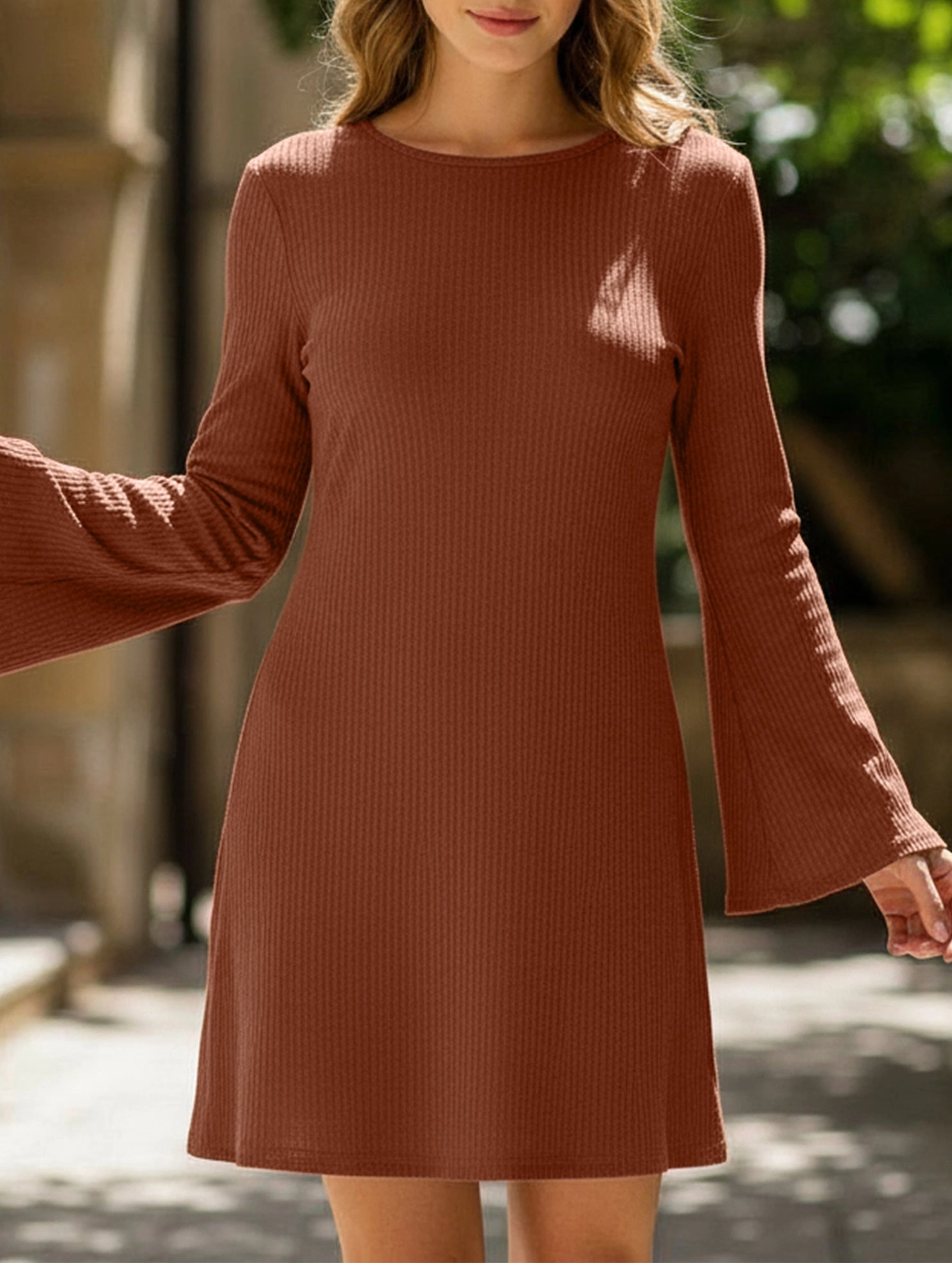 Brown Textured Open Back Bow Dress Refined Finish