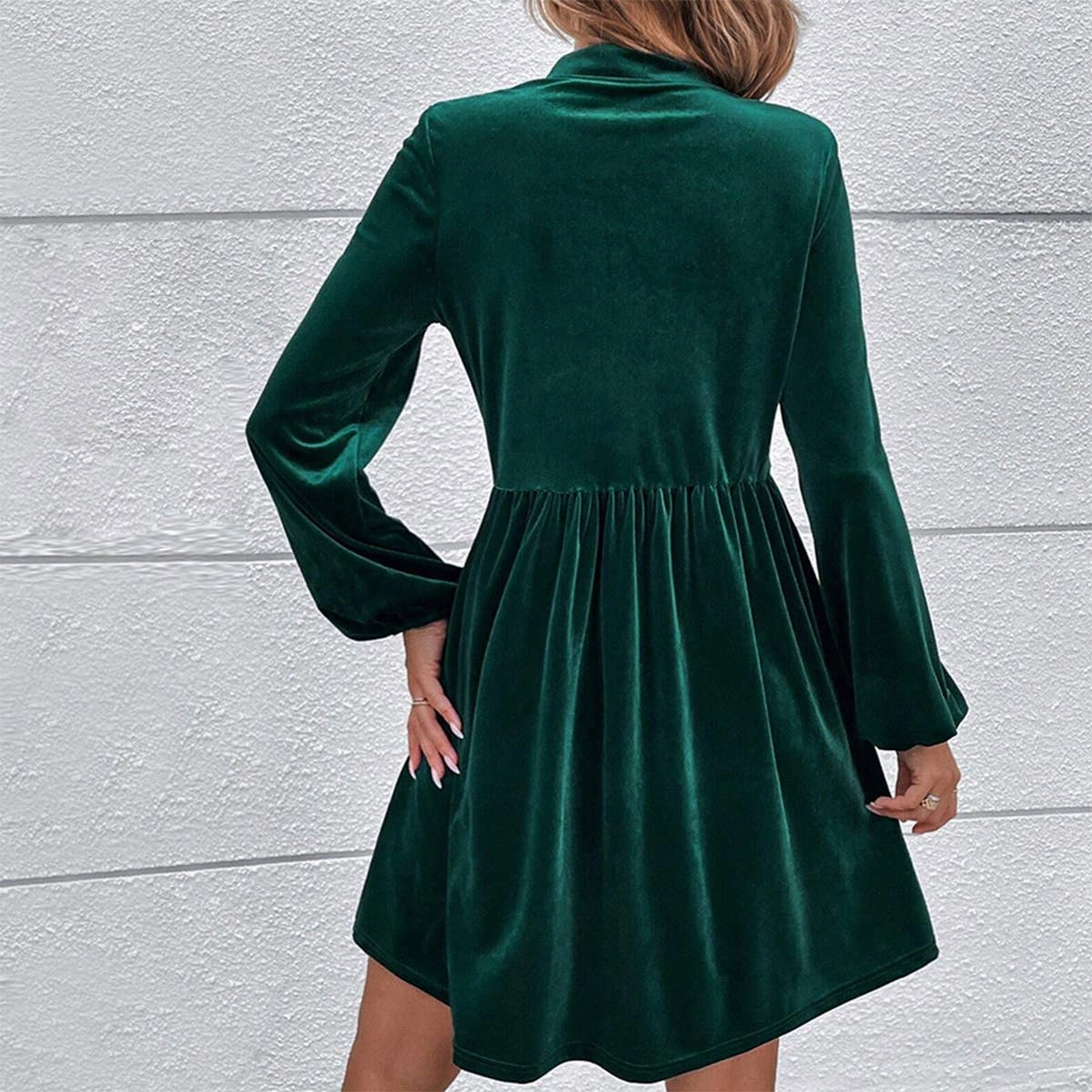Comfortable fit dress for all body types BUBBLY LONG SLEEVED V NECK LACE UP VELVET DRESS_CWDSD3235