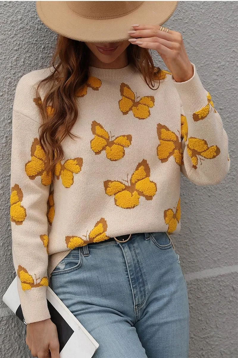 Stretchable BUTTERFLY PRINTING LONG SLEEVE CASUAL SWEATER