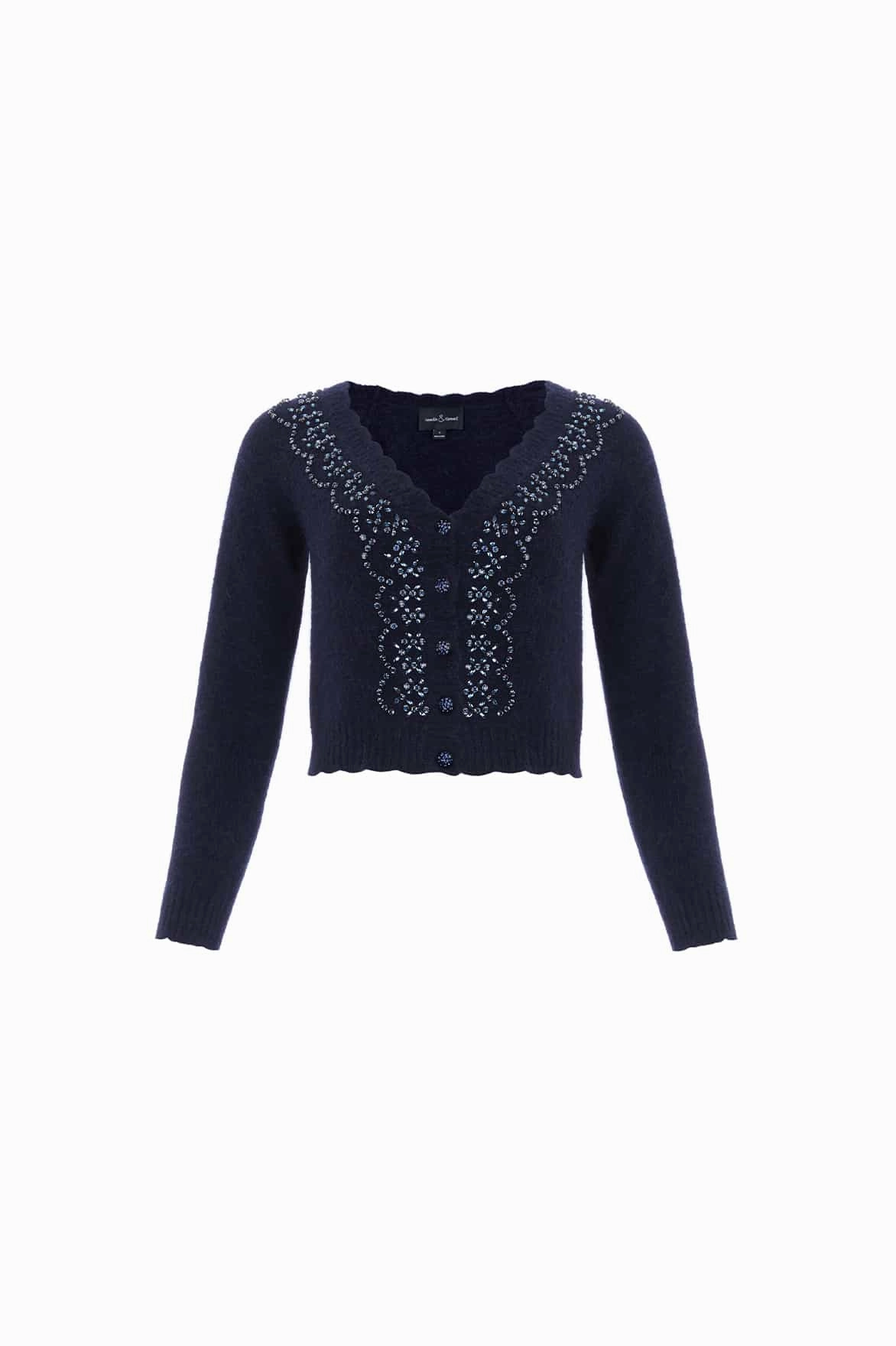Travel Warmth Breathable Openwork Knit Embellished V-Neck Short Cardigan