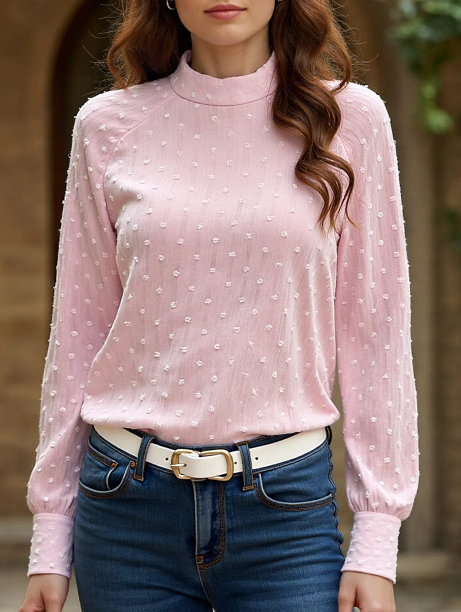 Tagless Neckline Design Gentle Style Pink Polka Dot Long Sleeve Sheer Top