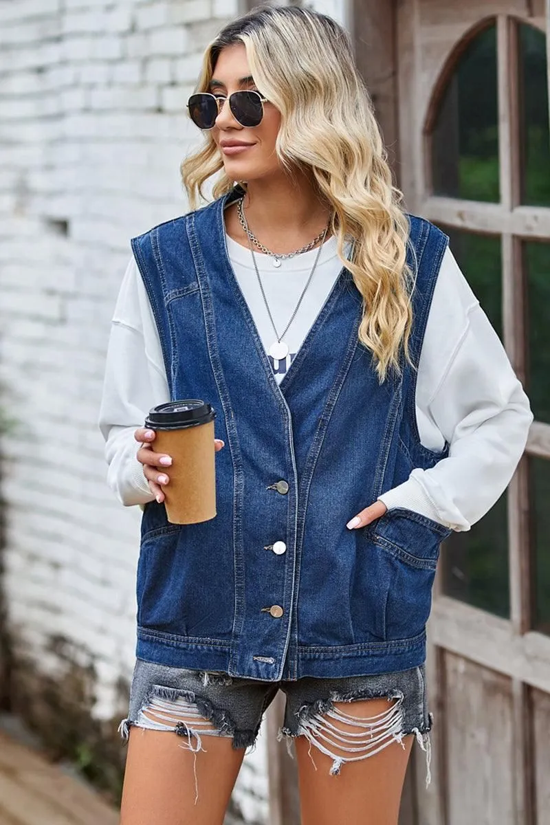 All weather Heat Sealed Seams BUTTON CLOSURE LOOSE FIT DENIM VEST
