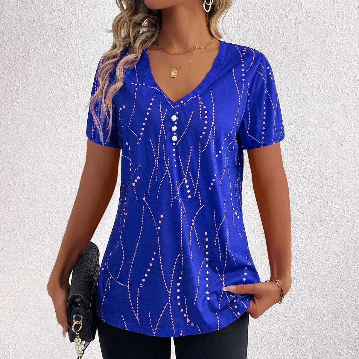 BUTTON DOT V-NECK SHORT-SLEEVED BLOUSE_CWTBLS0939 SublimatedPrint