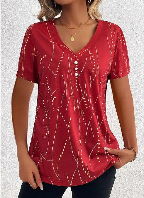 Seamless construction BUTTON DOT V-NECK SHORT-SLEEVED BLOUSE_CWTBLS0939
