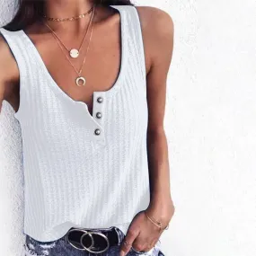 Overlock Edging Flexible Shoulder Gusset BUTTON-DOWN U-NECK SLEEVELESS VEST BLOUSE_CWOV0247