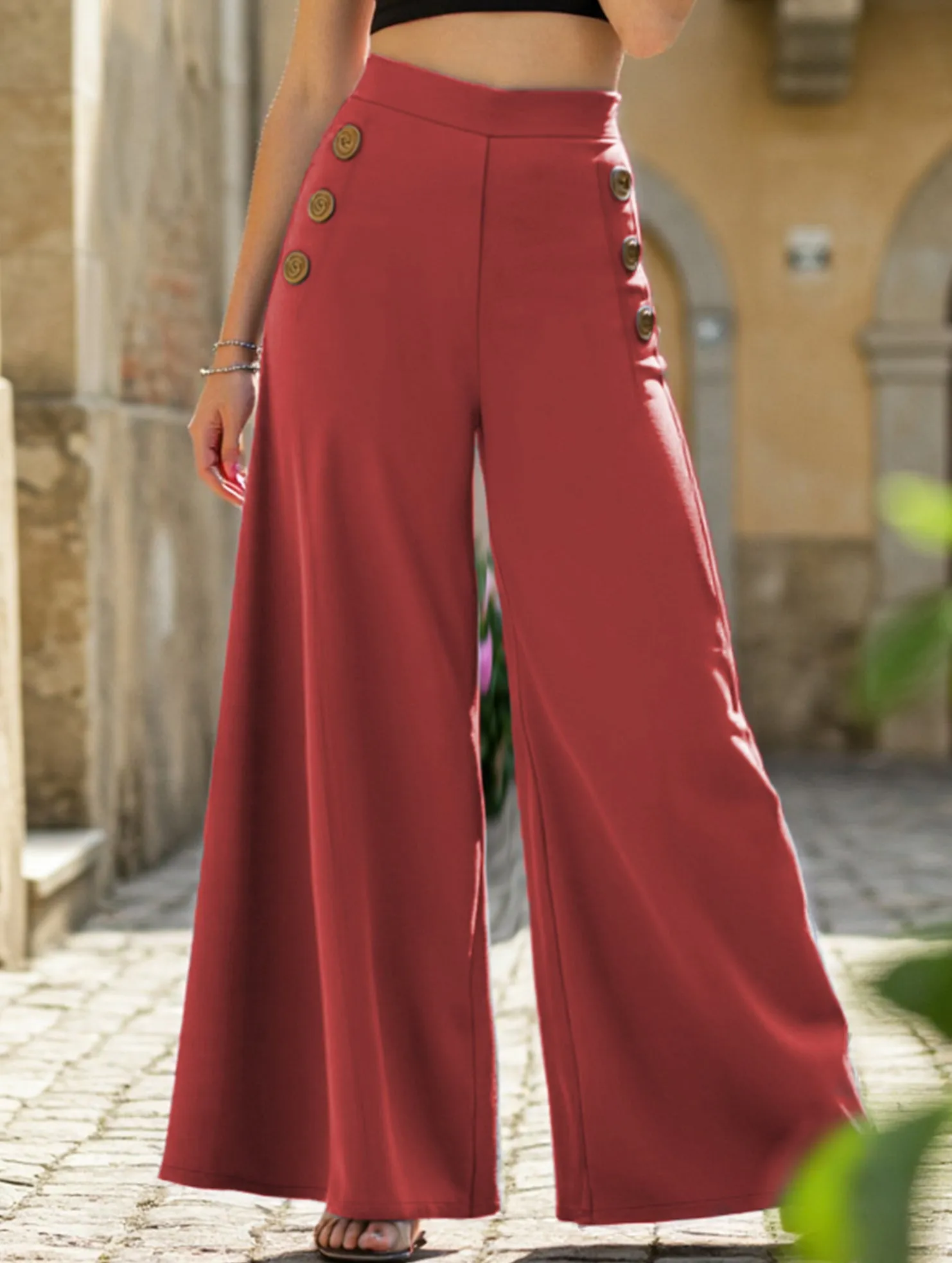 Button elastic high waist wide leg pants Slim Look Eco Friendly Dye