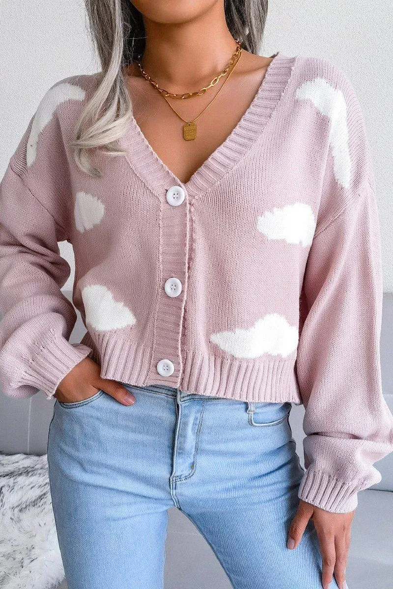 Functional Side Gussets BUTTON UP CLOUD PRINTING SHORT LENGTH CARDIGAN