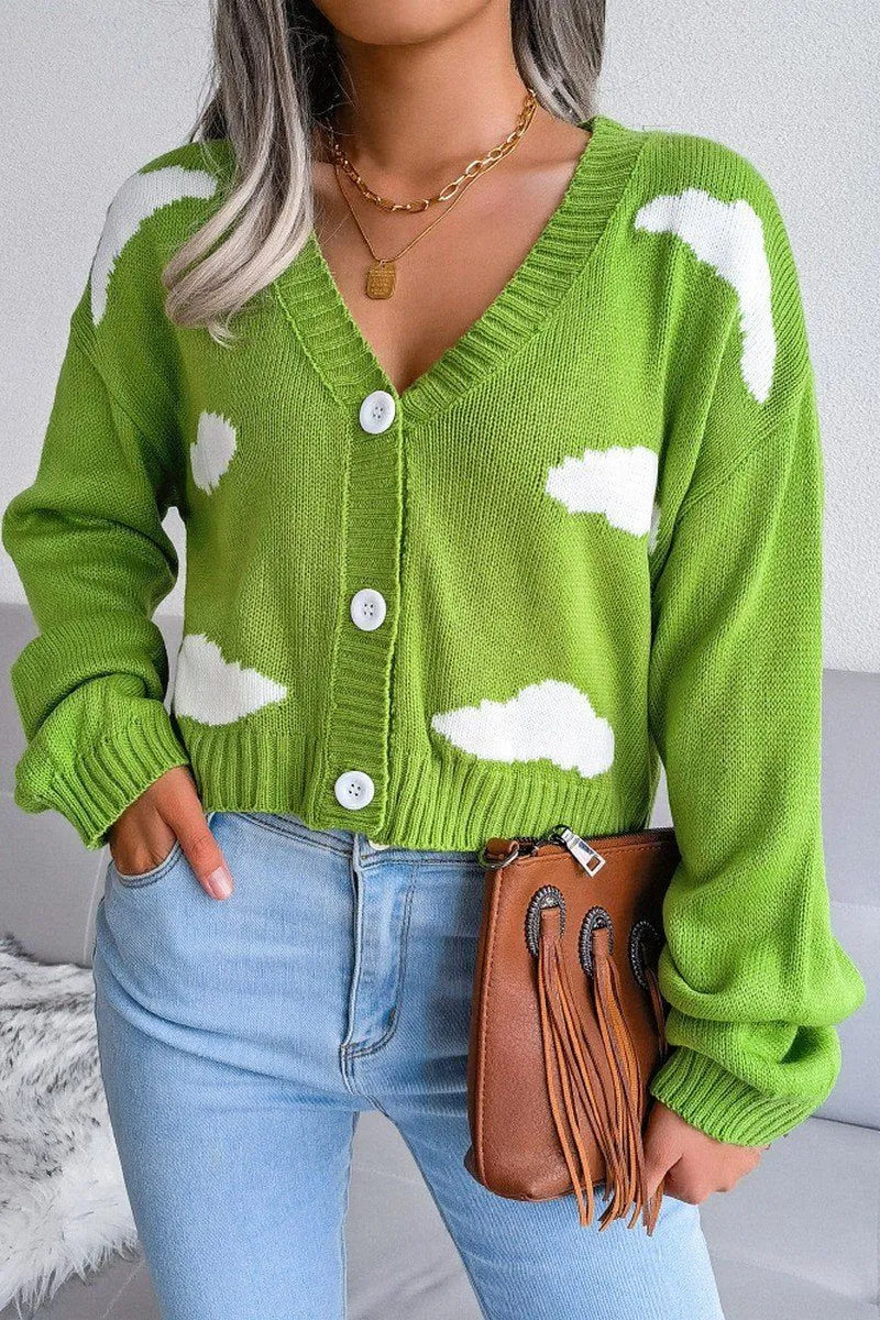Reinforced Shoulder Stitching BUTTON UP CLOUD PRINTING SHORT LENGTH CARDIGAN