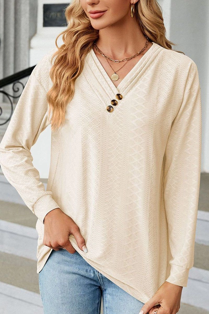 BUTTON DECKED V NECK PATTERN STITCHED BLOUSE Self Fabric Tape