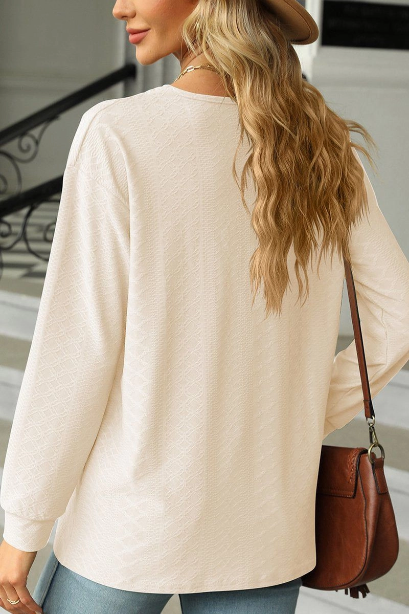 BUTTON DECKED V NECK PATTERN STITCHED BLOUSE Natural Fiber Blend