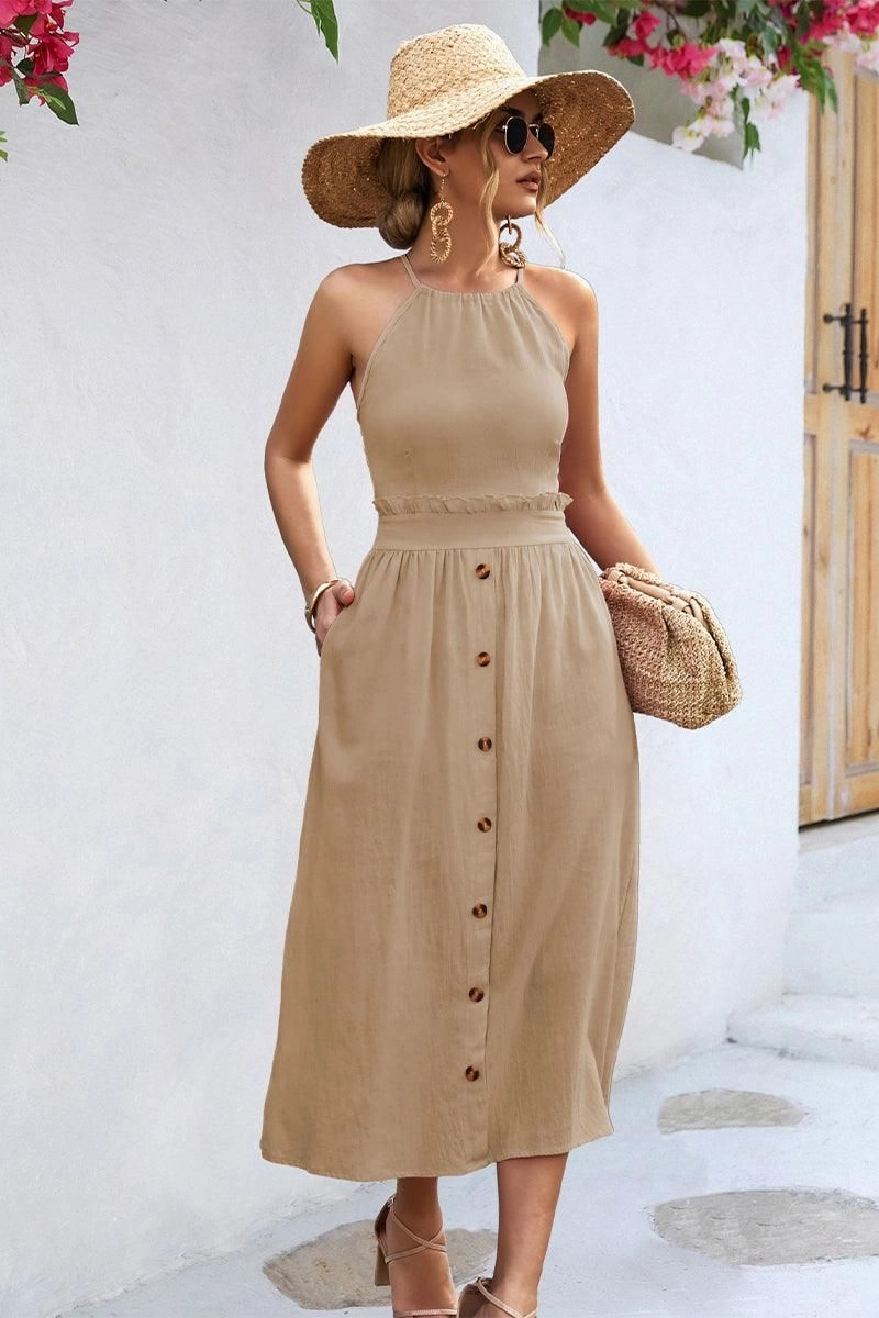 Social Ease Classic Look BUTTON DETAILED SKIRT WOMEN HALTER DRESS