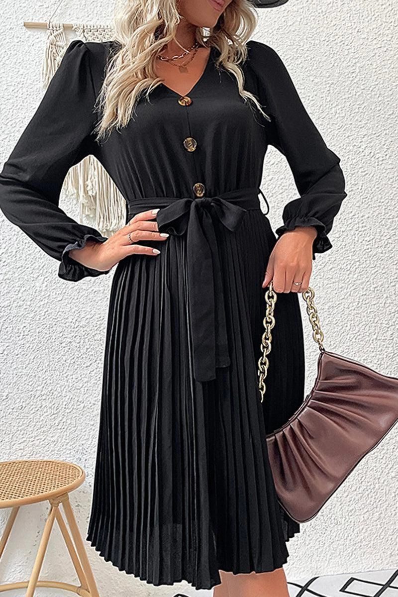 BUTTON DETAILED SLIM WIST PLEATED TRENDY DRESS Comfortable Wear Comfortable casual dress