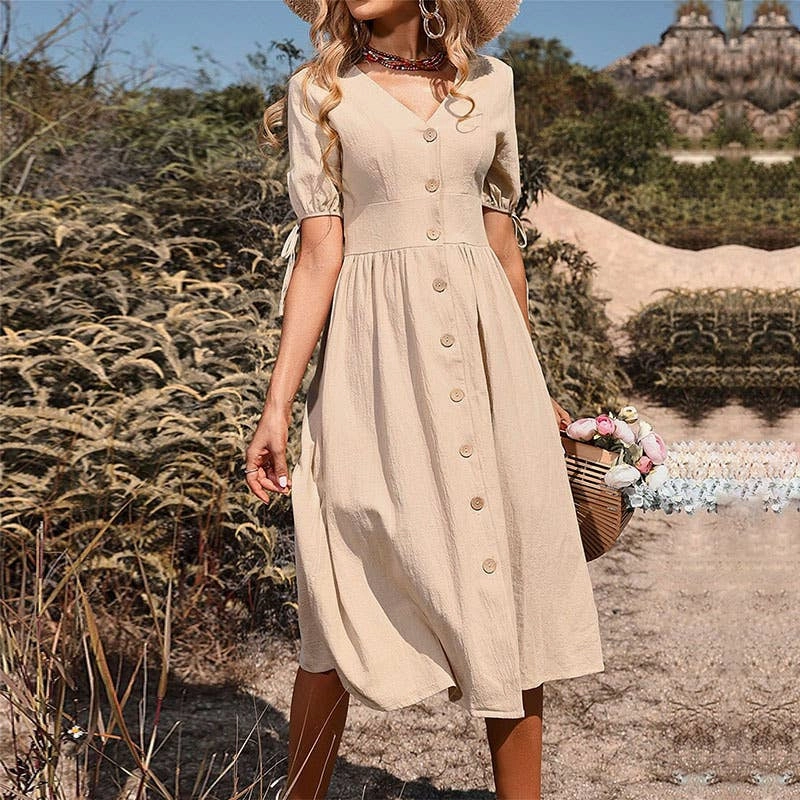 Relaxed fit wear Flowy Texture BUTTON-DOWN COTTON AND LINEN V-NECK DRESS_CWDMD1653
