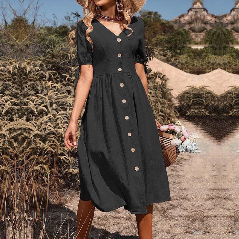 BUTTON-DOWN COTTON AND LINEN V-NECK DRESS_CWDMD1653 Shiny-Lining