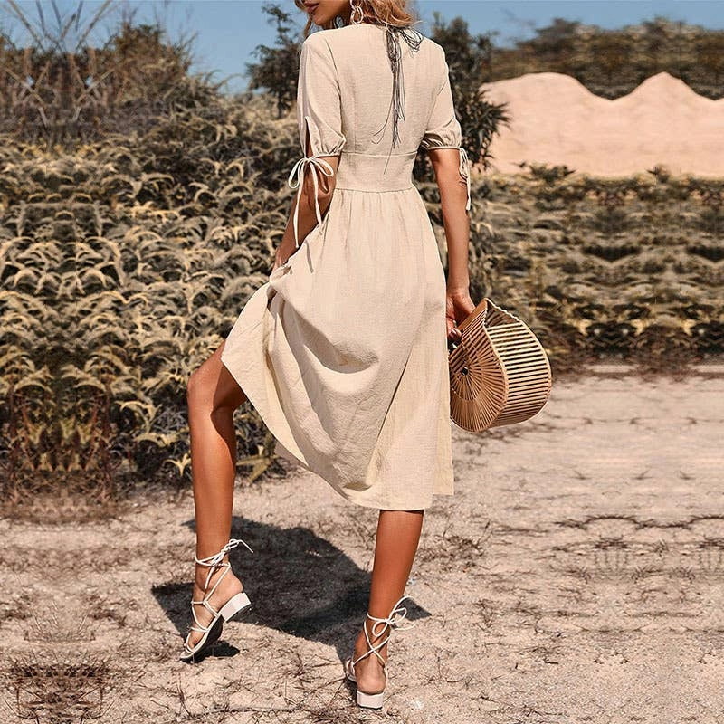 vacation look Subtle Look BUTTON-DOWN COTTON AND LINEN V-NECK DRESS_CWDMD1653