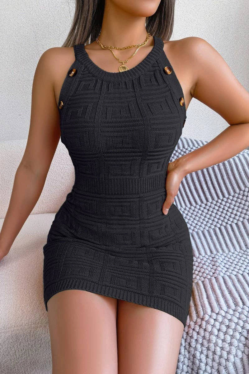 BUTTON DOWN SLEEVELESS PLAID WAIST KNIT HIP DRESS_CWDSD2481 Fashionable Layers