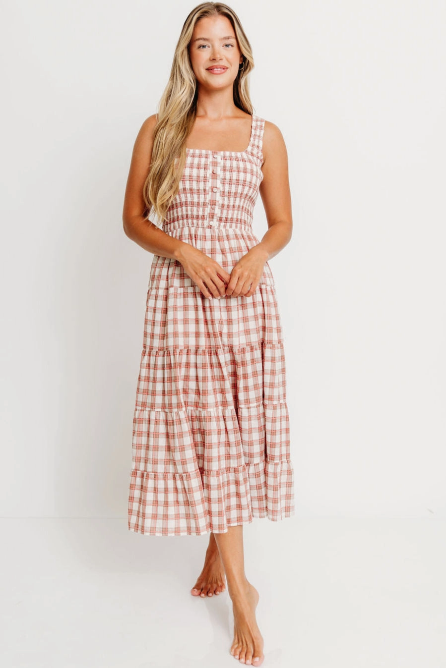 Stud-Detail Red Carpet Eileen Plaid Maxi Dress in Pink