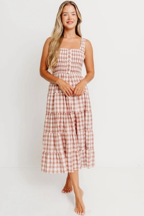 Stud-Detail Red Carpet Eileen Plaid Maxi Dress in Pink