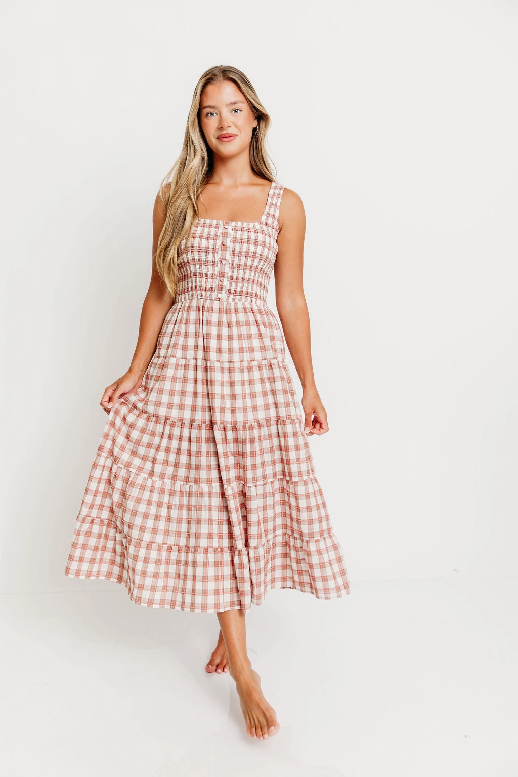 Eileen Plaid Maxi Dress in Pink Comfort Look Smart Vibe