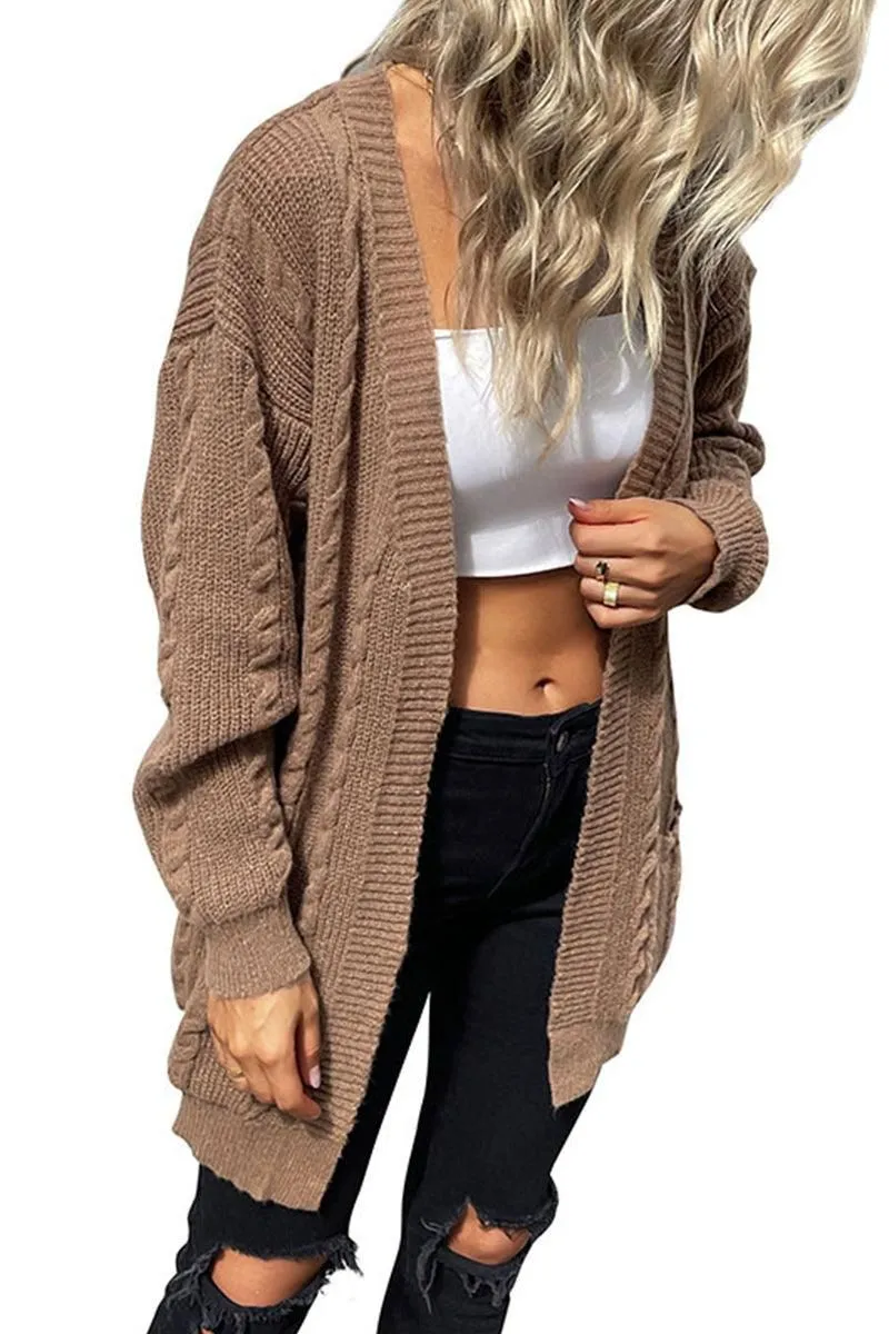 CABLE KNIT OPEN FRONT MIDI LENGH CARDIGAN Recycled Polyester Fabric