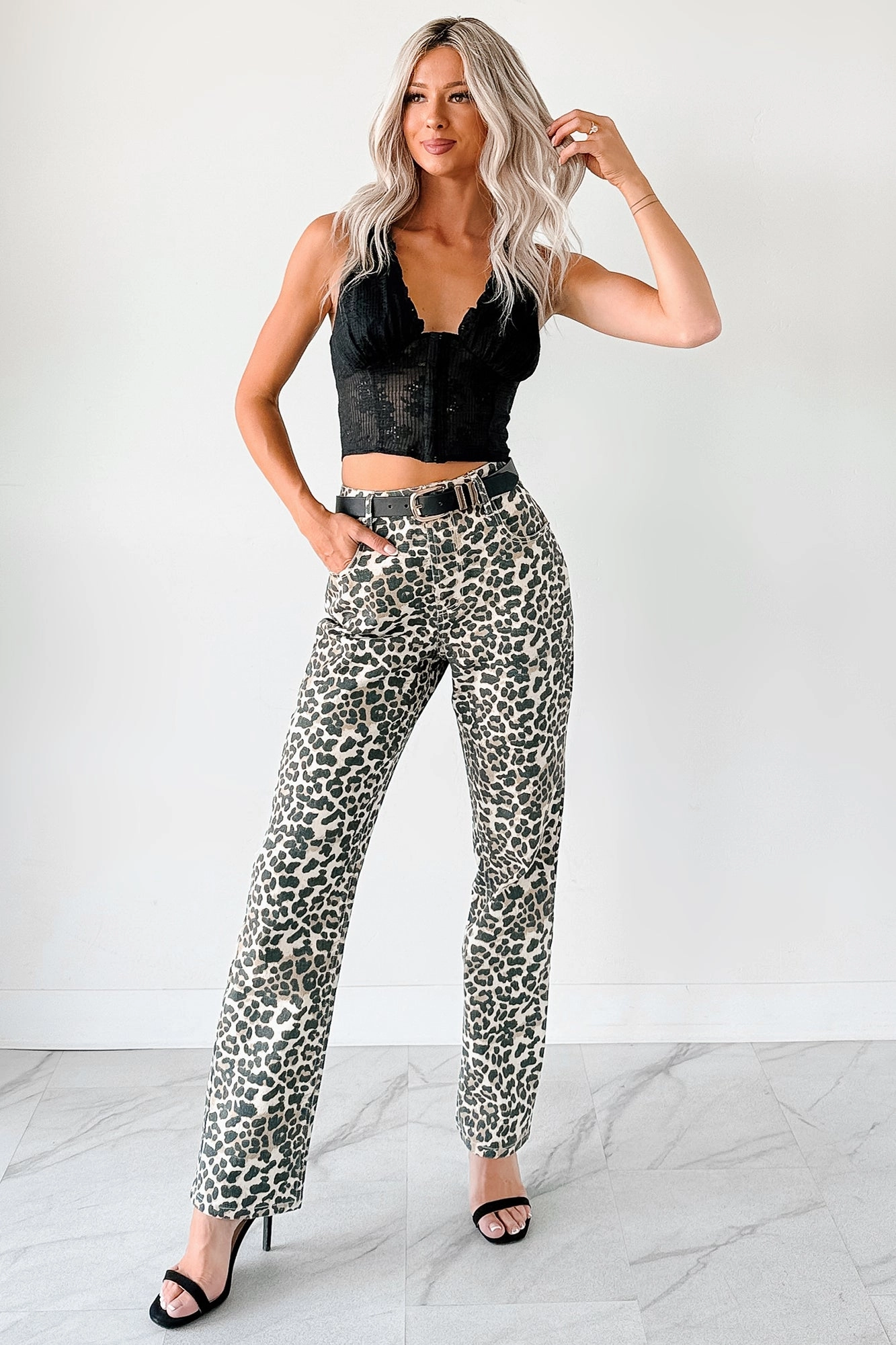 Relaxed Style City Walk Trend Setter Calista High Rise Straight Leg Saige Denim Jeans (Leopard)