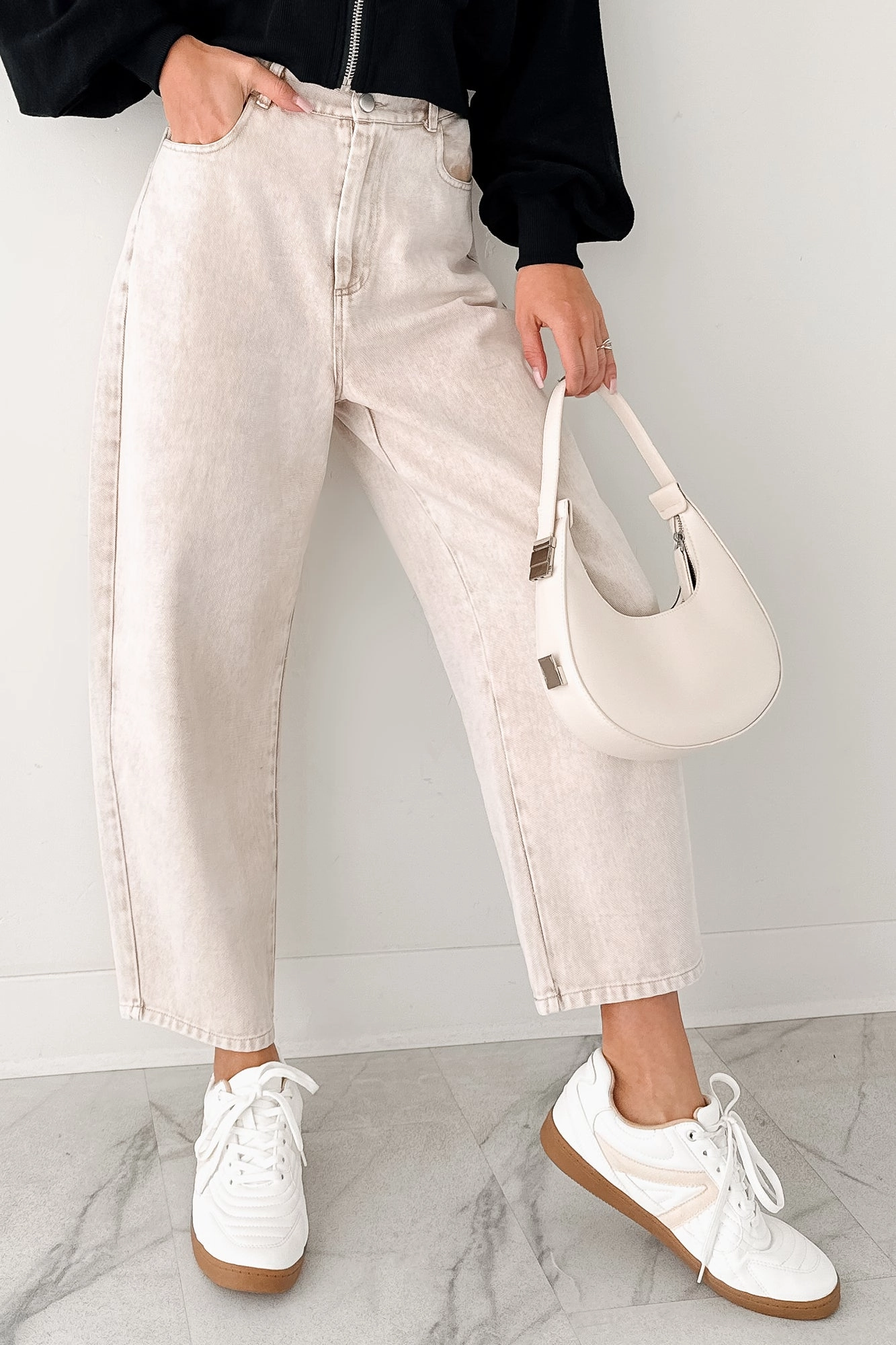 Calloway High Rise Barrel Jeans (Washed Ecru) Affordable Fashion Lover Garment Dyed Texture