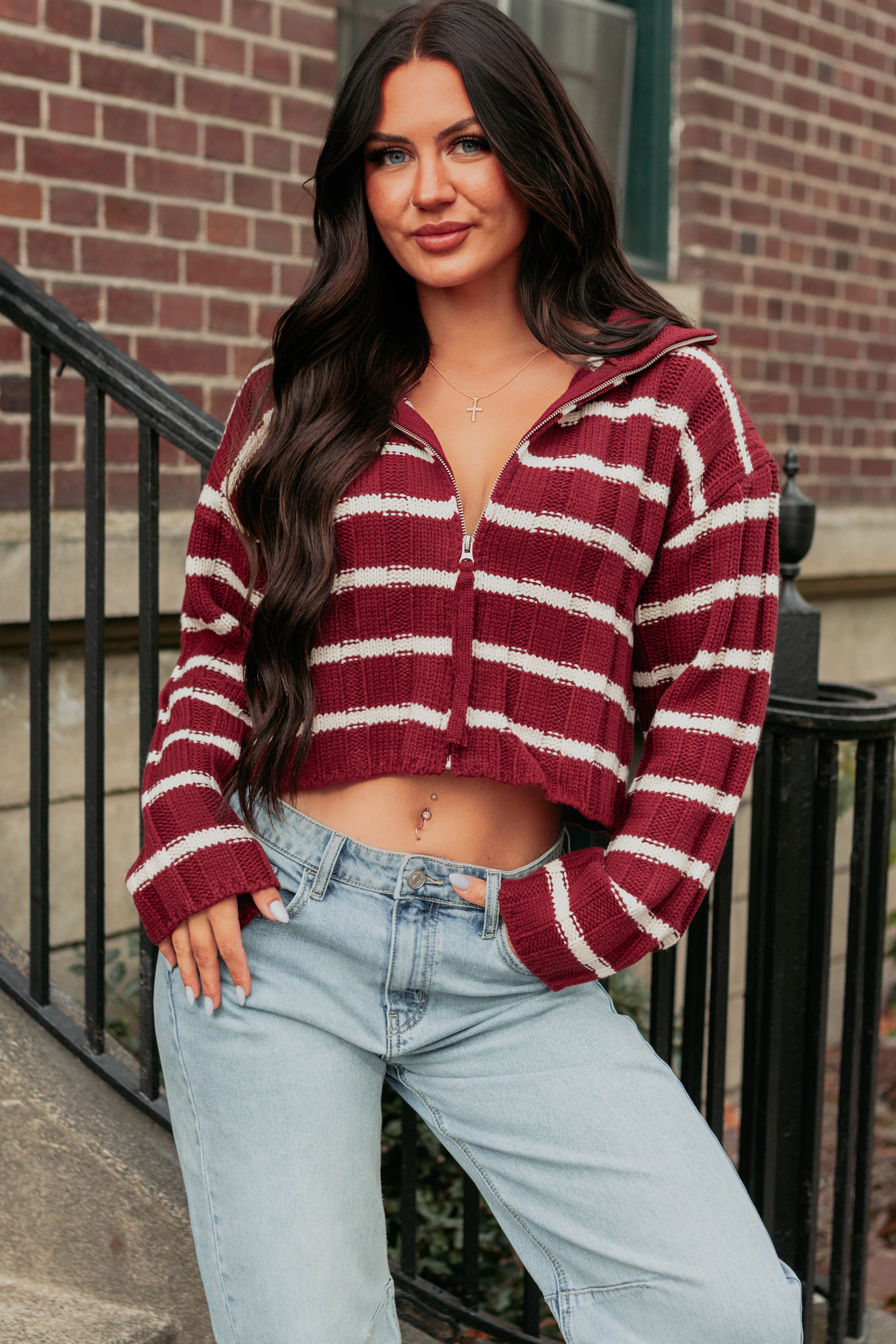 Urban Explorer Look Bonded Closure Mechanism Calm Assurance Striped Zip-Up Sweater Jacket (Wine)