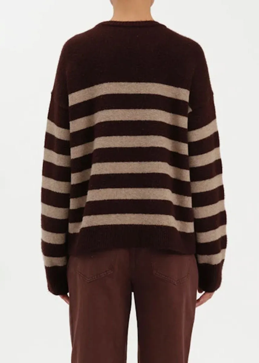 Carlyle Everyday Crewneck Sweater - Brown Oat Stripe Warm & Soft Classic Knit Design