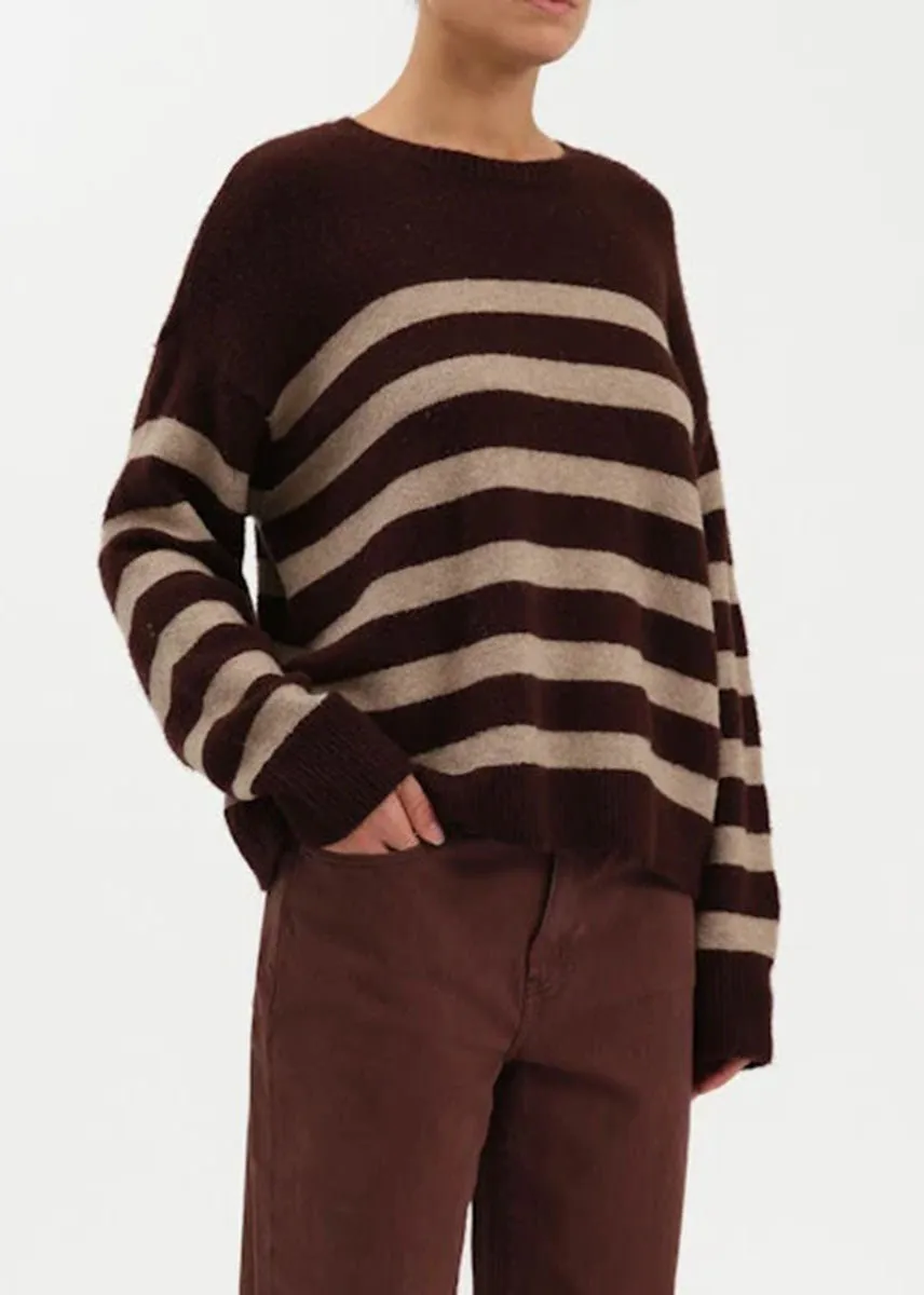 Layering Style Fashion Knit Layer Carlyle Everyday Crewneck Sweater - Brown Oat Stripe