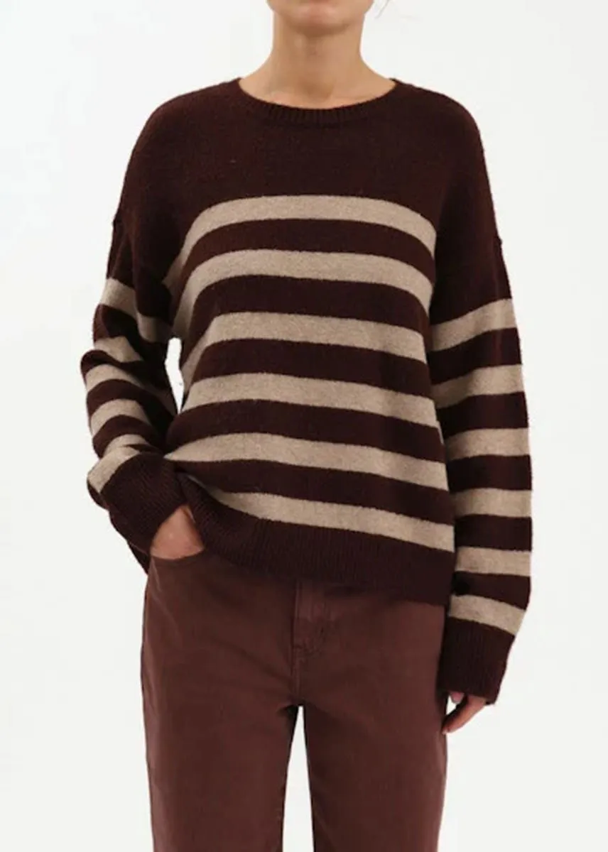 Timeless Knit Carlyle Everyday Crewneck Sweater - Brown Oat Stripe