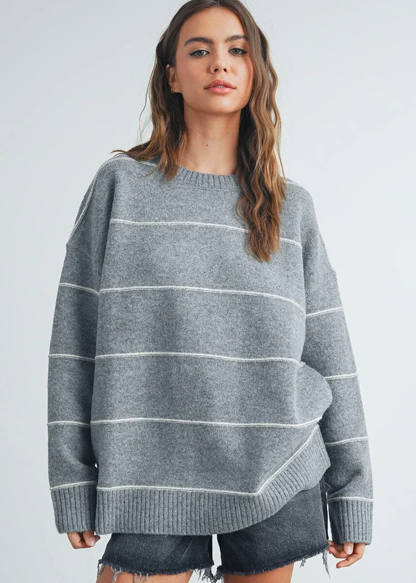Perfect Layering Luxury Comfort Carlyle Striped Drop-Shoulder Sweater - Grey Multi