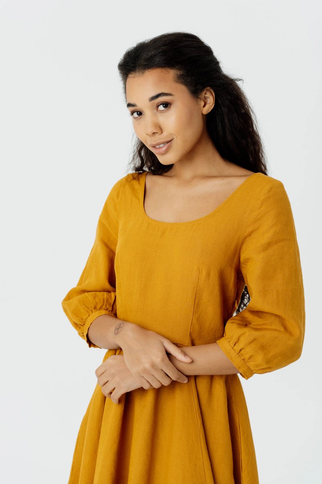 Youthful Feel SeamlessConstruction Carmen Dress, 3/4 Sleeve, Marigold