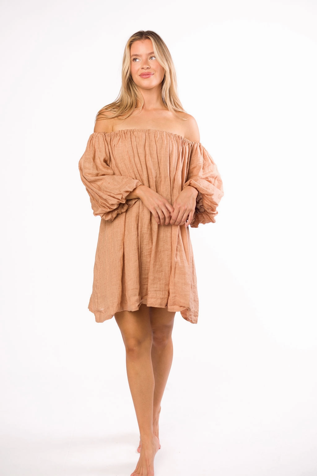 Cassidy 100% Linen On/Off Shoulder Mini Dress in Mocha *Final-Sale* Simple Bow