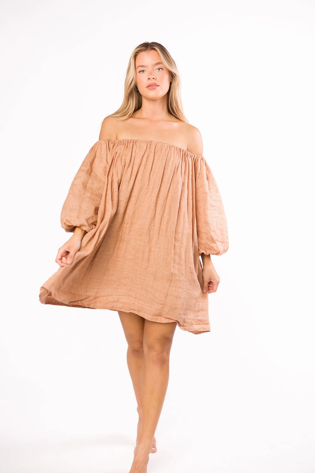 Light Mood Comfy Layers Cassidy 100% Linen On/Off Shoulder Mini Dress in Mocha *Final-Sale*