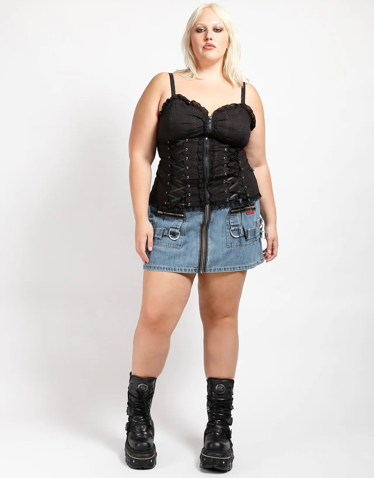 Functional Waist Low Profile Design CURVE MEGA RING SKIRT LIGHT INDIGO DENIM