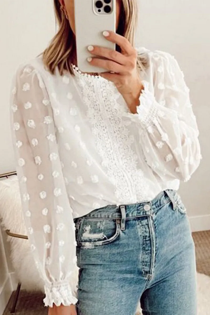Multi Pocket Functional Design WOMEN LACE SWISS DOT RUFFLE CUFF BLOUSE