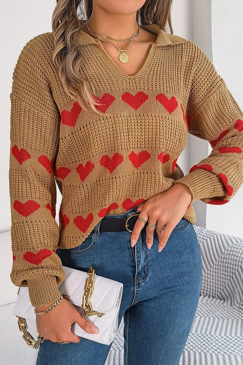 CASUAL LANTERN SLEEVE COLOR CONTRAST LOVE SWEATER_CWOSWL2059 Tear Resistant Knit Waist String