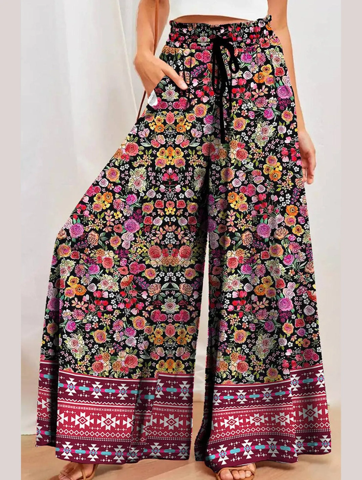 CASUAL PRINTED LACE-UP PANTS_CWBLP0633 Durable Hemming Quick Motion