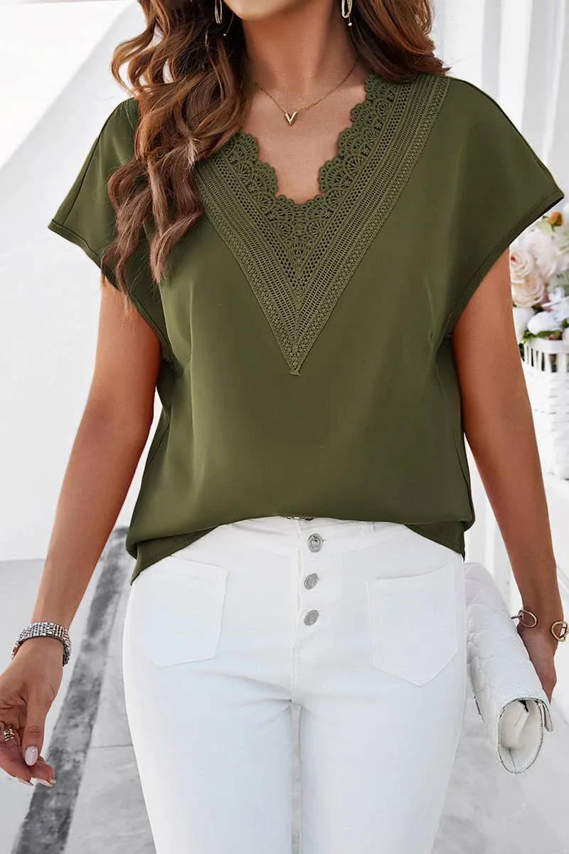CASUAL SOLID COLOR V NECK SHORT SLEEVE SHIRT_CWTSTS0330 Layering Fashion