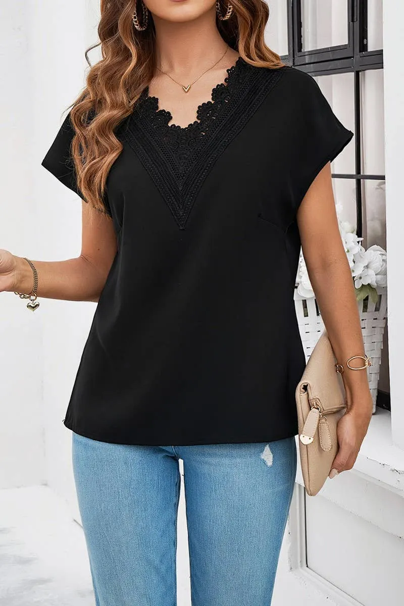 Colorfast Dye Method Chic Style CASUAL SOLID COLOR V NECK SHORT SLEEVE SHIRT_CWTSTS0330