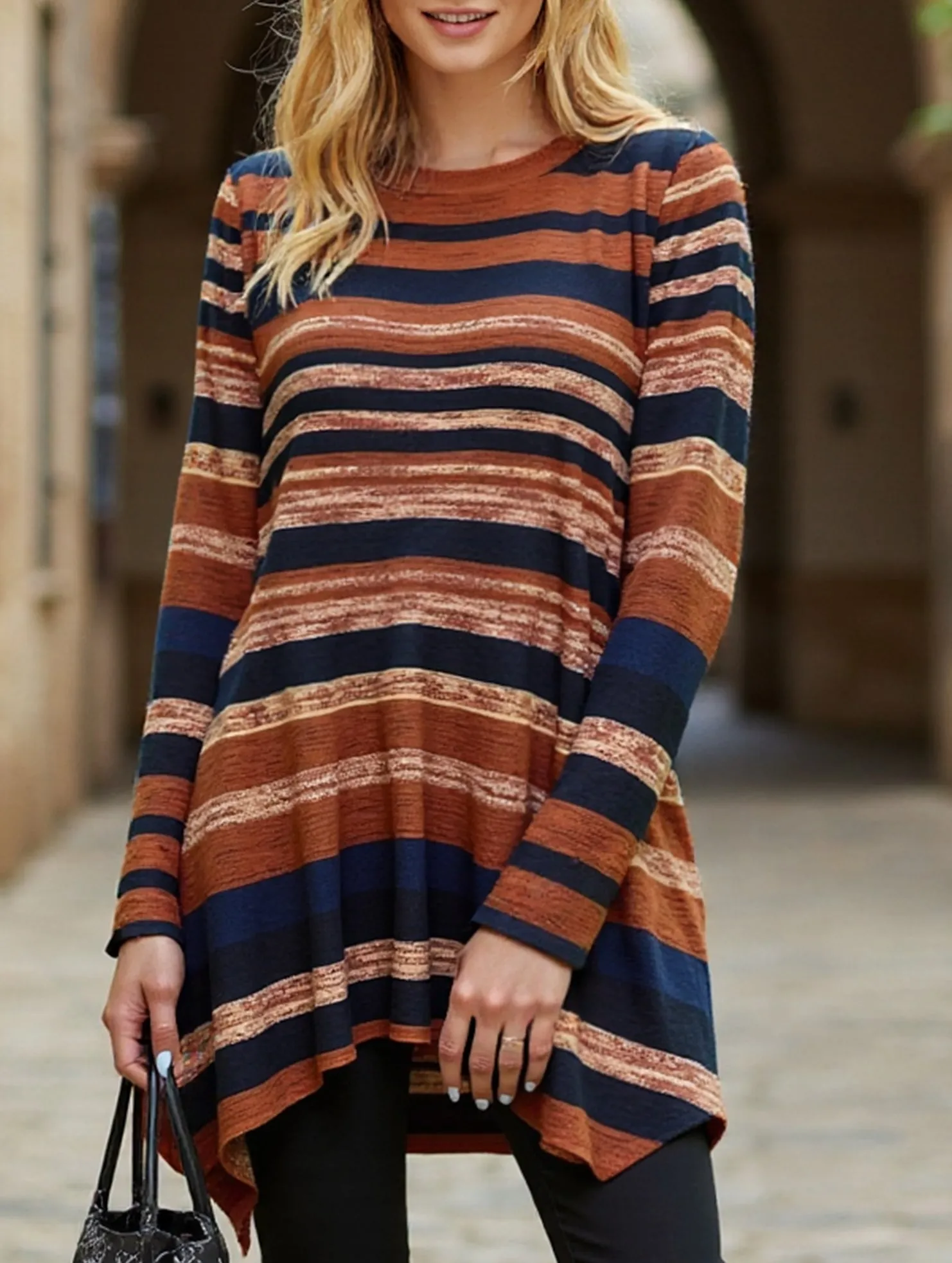 Casual striped print asymmetric T-shirt Fresh Trend