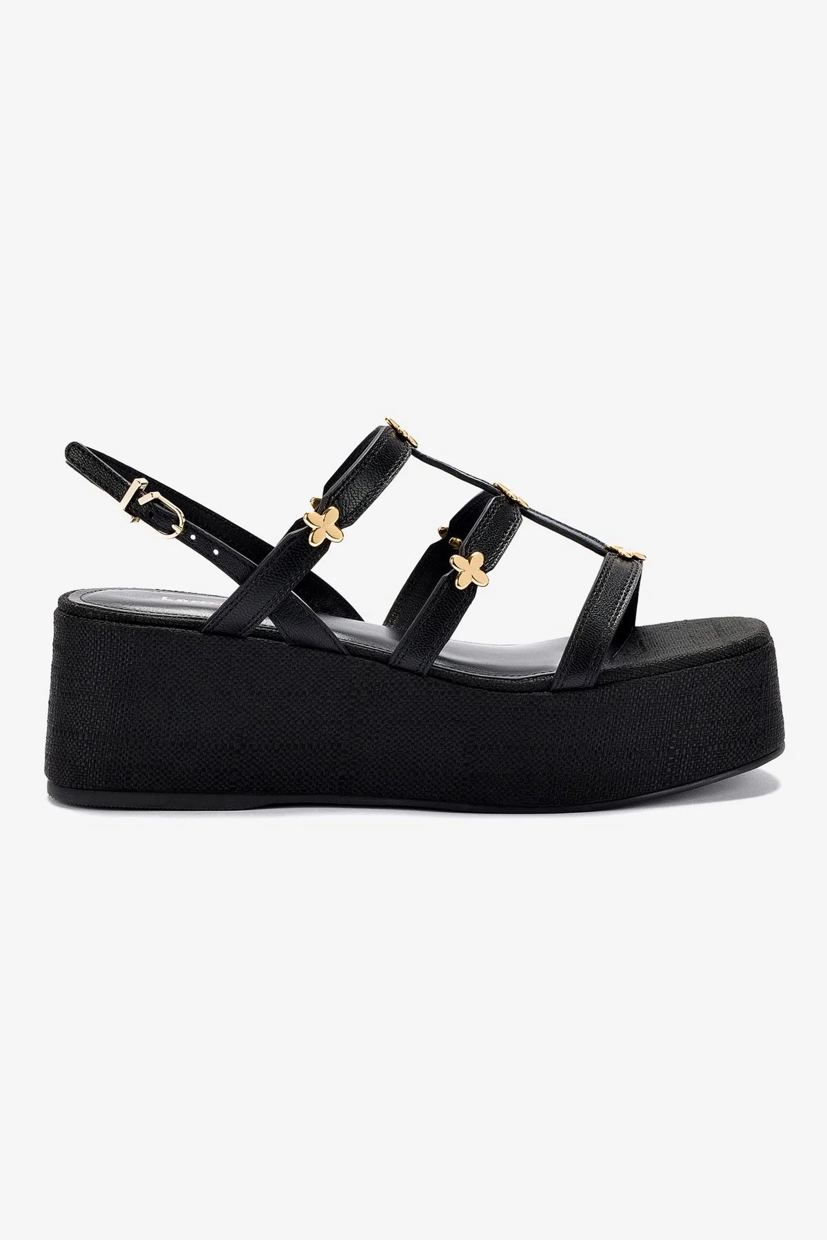 Modern Fit Fashion-Forward Design Harmony Flatform Sandal In Black Raffia