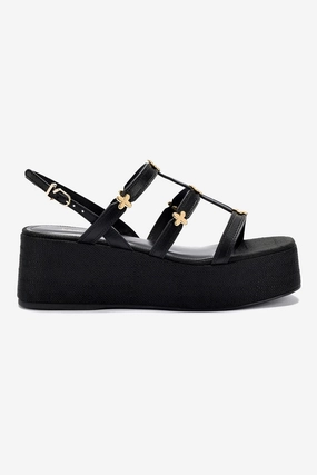 Modern Fit Fashion-Forward Design Harmony Flatform Sandal In Black Raffia