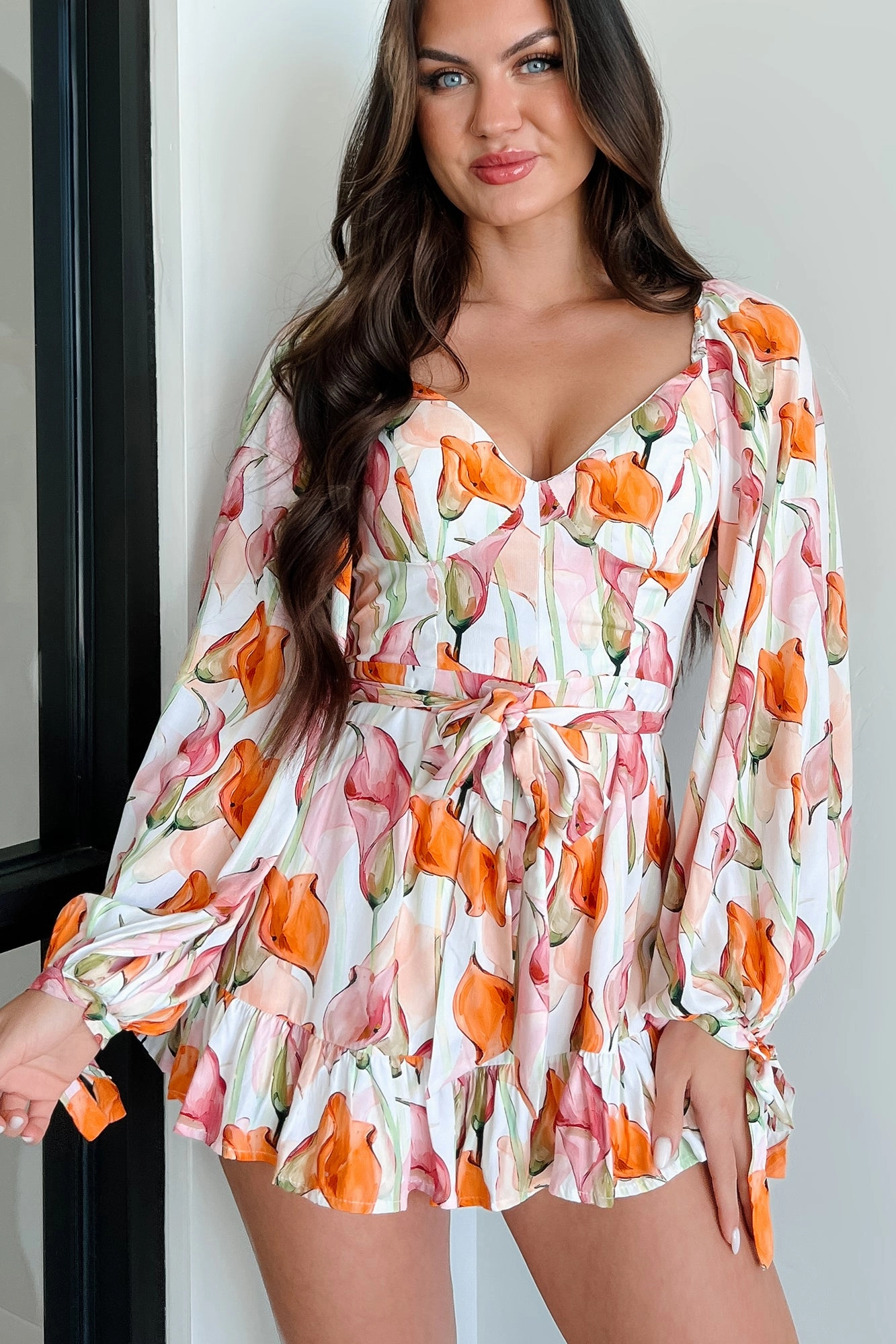 Stem-sational Floral Romper (White/Peach Multi) Sharp Flexible