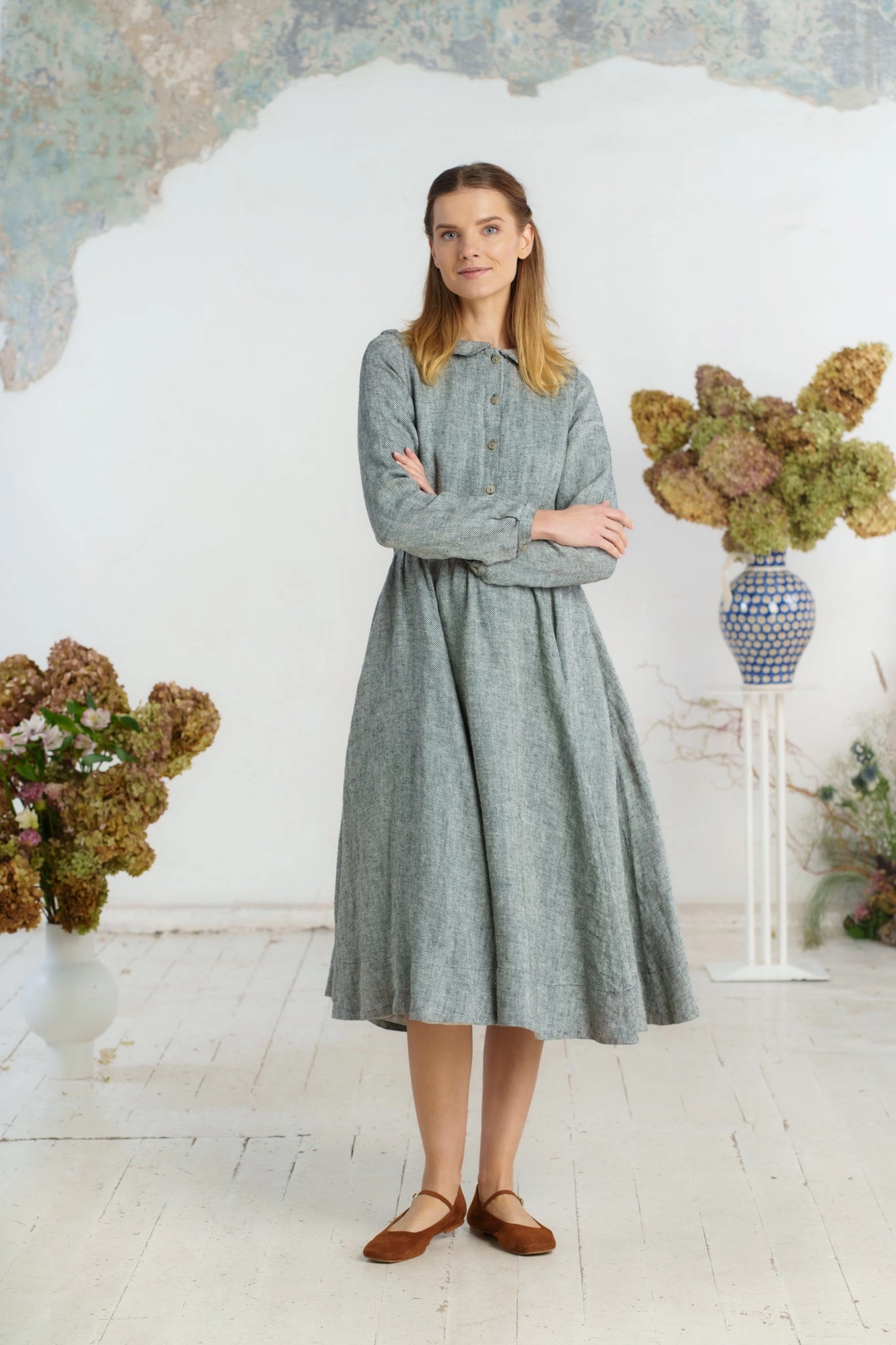Classic Dress, Long Sleeve, Twill Linen, Grey Moon Smile Feel Date-Night