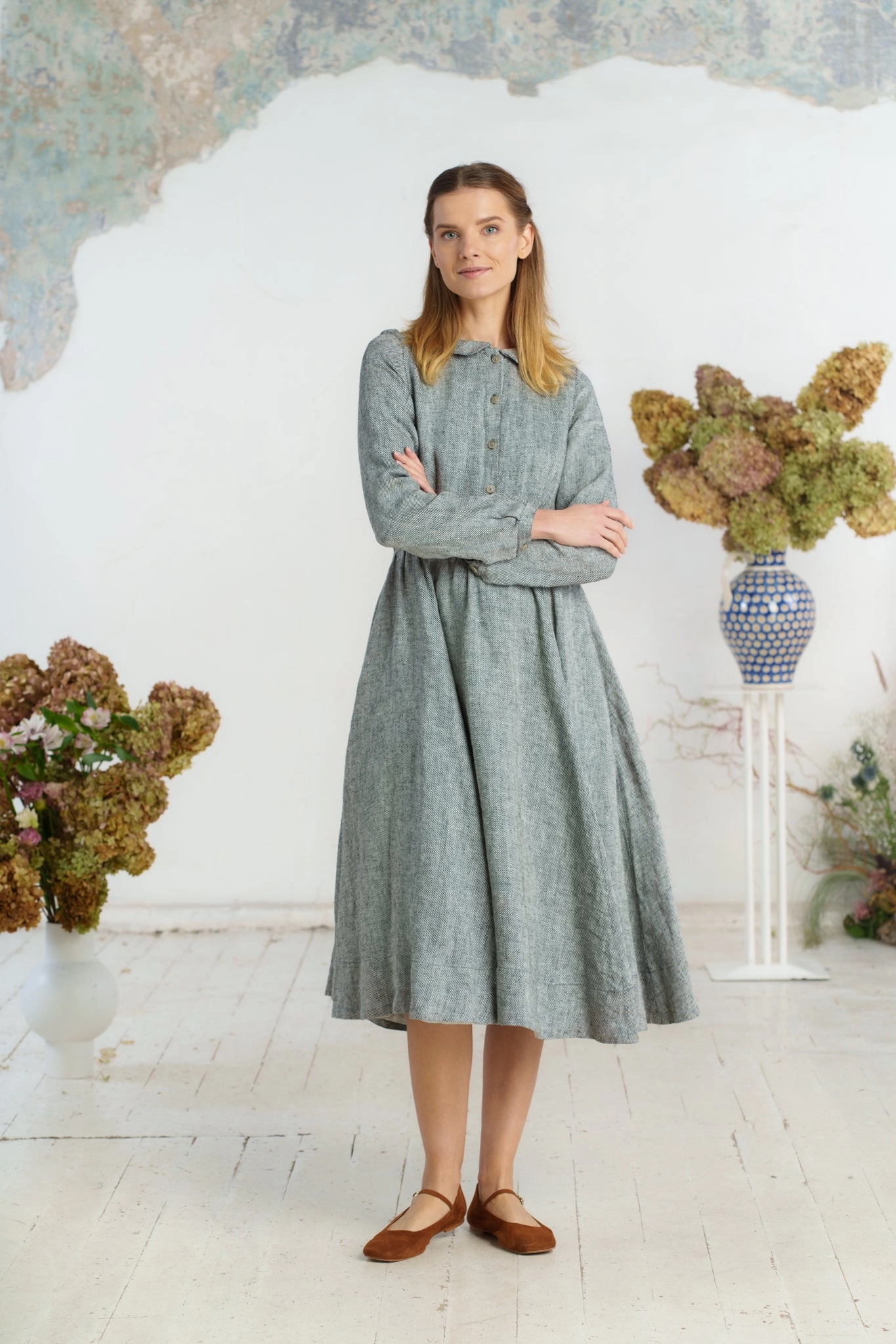 Classic Dress, Long Sleeve, Twill Linen, Grey Moon Halter neck