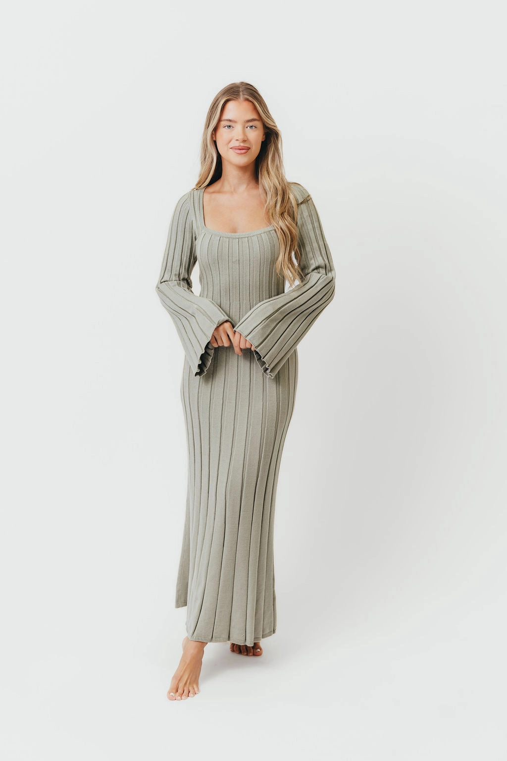 Subtle Stitch Soft Layering Rowan Square Neck Maxi Dress in Green