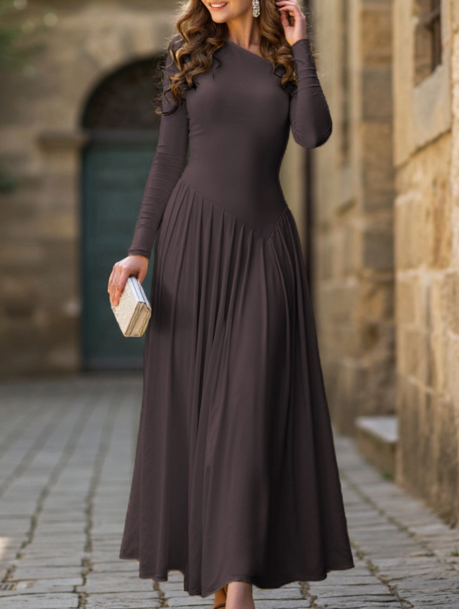 wrap waist Casual high waist long sleeve maxi dress